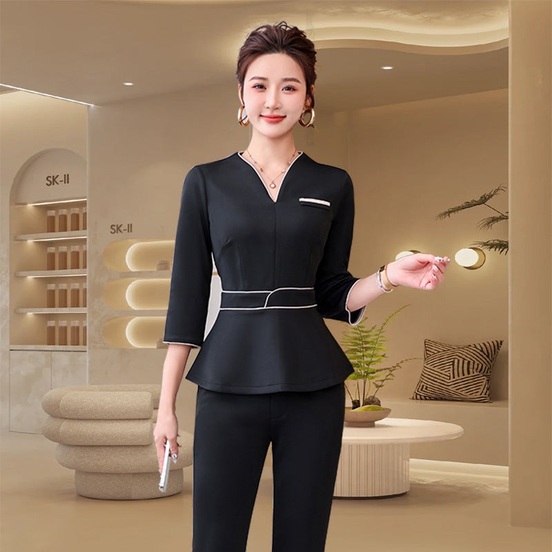 Health Center El Front Desk Work Clothes Female Skin Management Technician Black High Elastic Middle Sleeve Suit - Image 1